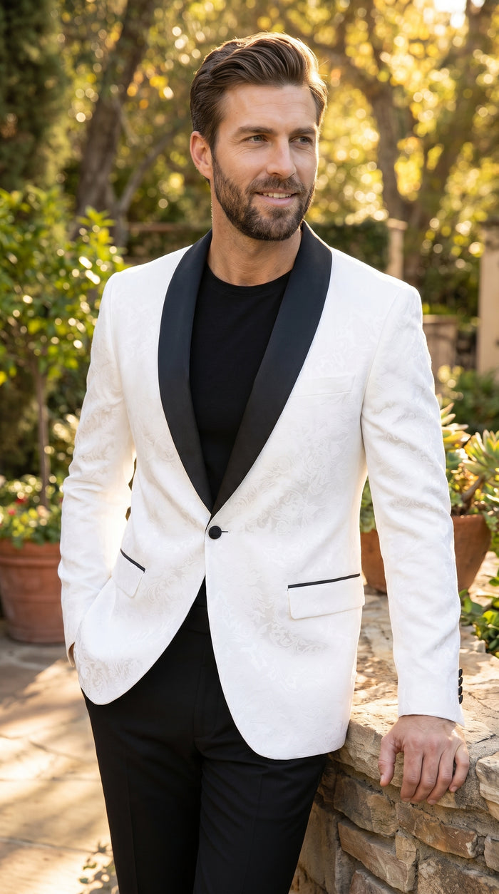 Men’s White Two Tone Paisley Blazer with Black Shawl Lapel, Formal Dinner Jacket