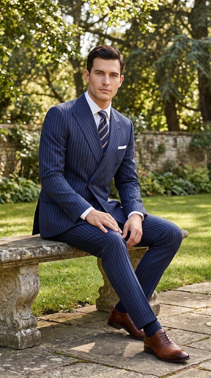 Men’s Navy Blue Double Breasted Pinstripe Suit, 100% Wool Formal Dress Suit