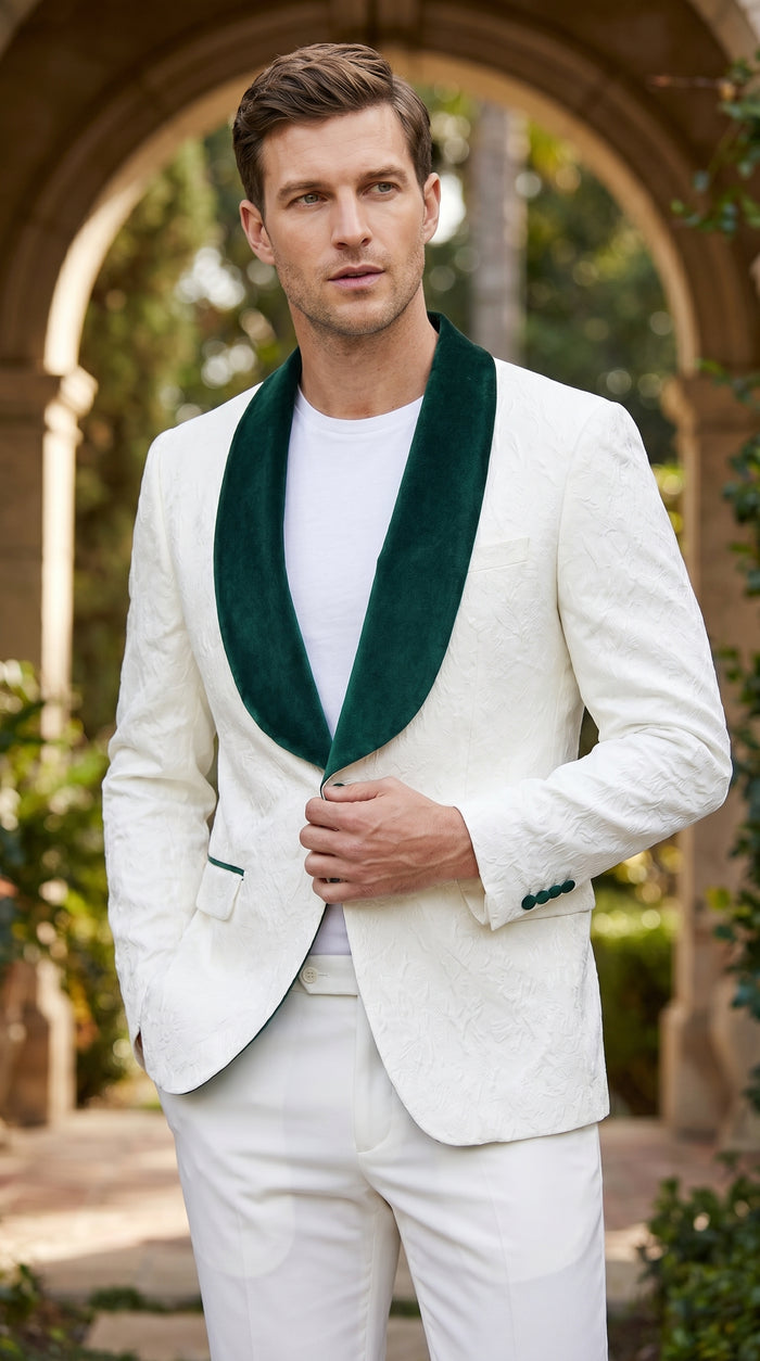Men’s Ivory and Green Tuxedo Jacket with Velvet Shawl Lapel, Formal Wedding Dinner Blazer