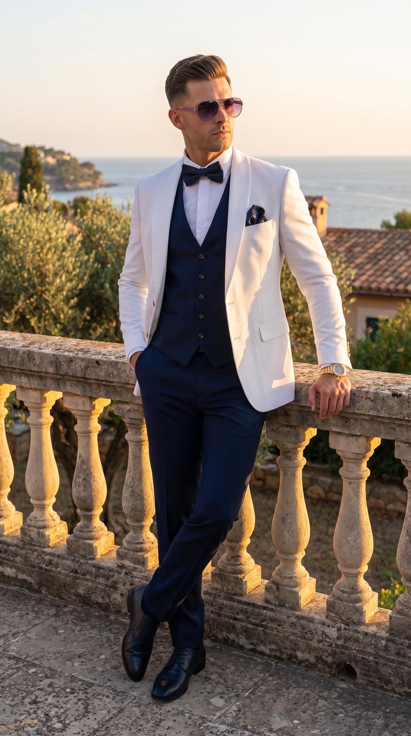 Men’s White and Navy Blue Wedding Suit, White Dinner Jacket with Navy Vest, Pants and Bow Tie