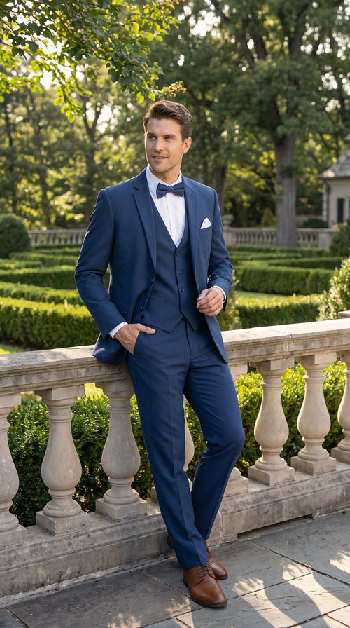 Men’s French Blue Tuxedo Suit with Matching Vest, Bow Tie and Satin Collar