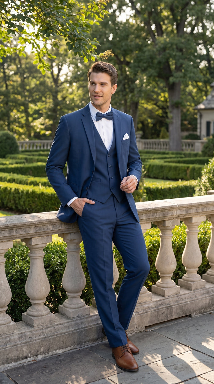 Men’s French Blue Tuxedo Suit with Matching Vest, Bow Tie and Satin Collar