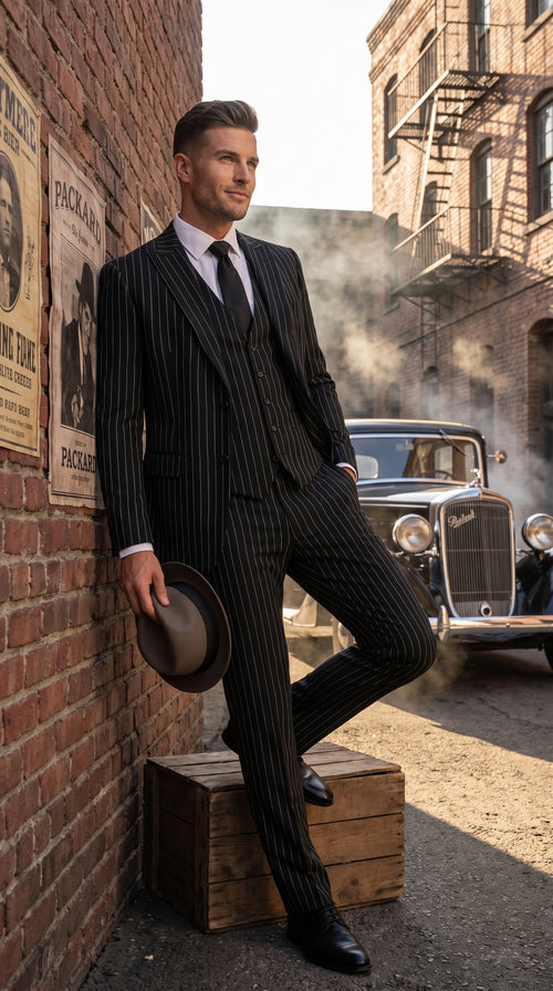 Men’s Black 2 Button Gangster Pinstripe Suit with Vest, Mobster Mafia Style Formal Suit