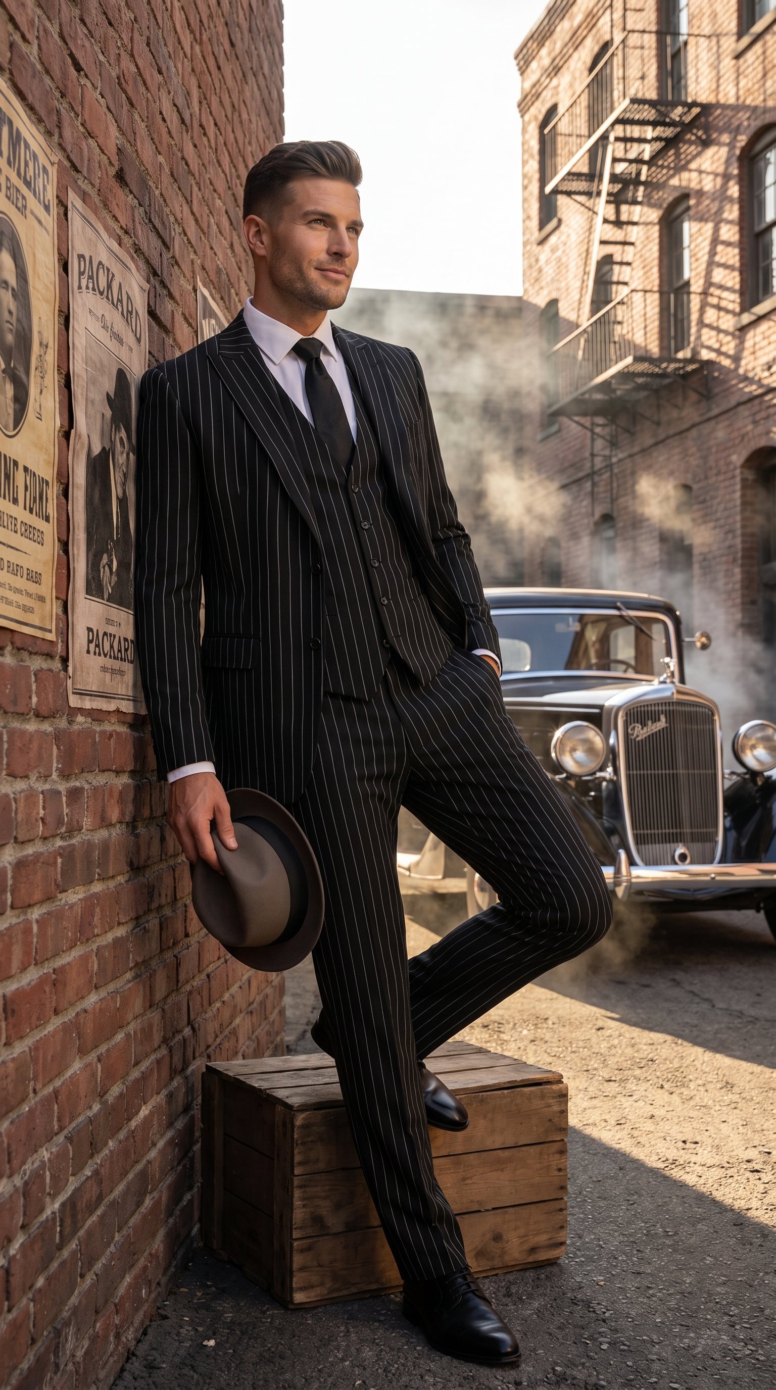 Men’s Black 2 Button Gangster Pinstripe Suit with Vest, Mobster Mafia Style Formal Suit