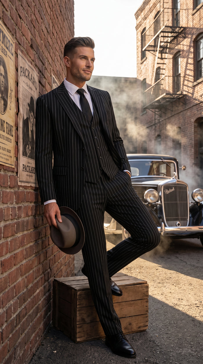 Men’s Black 2 Button Gangster Pinstripe Suit with Vest, Mobster Mafia Style Formal Suit