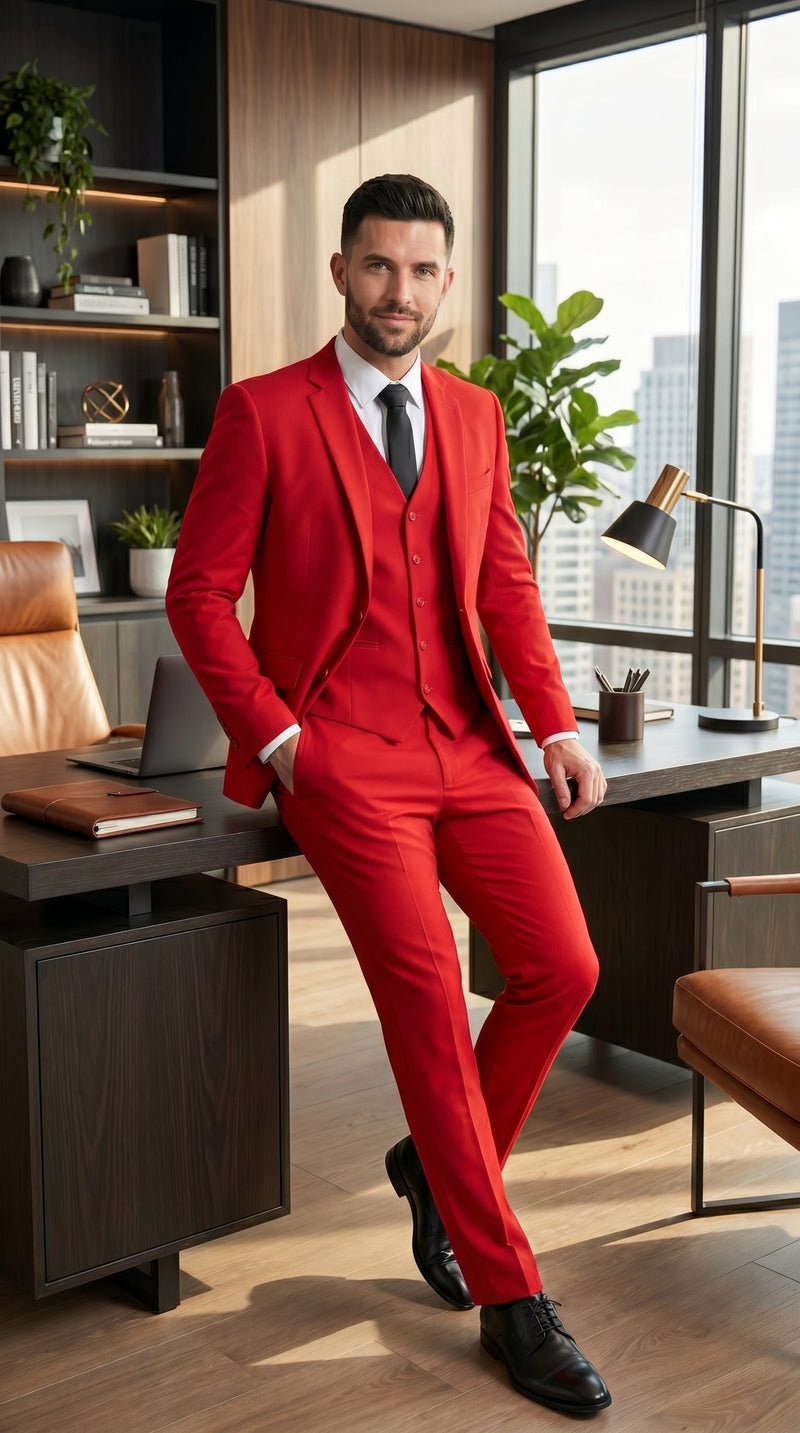 Men’s Red 3 Piece Suit with Jacket, Vest and Pants, Formal Wedding Prom Dress Suit