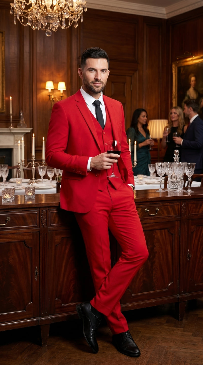 Men’s Red 3 Piece Suit with Jacket, Vest and Pants, Formal Wedding Prom Dress Suit