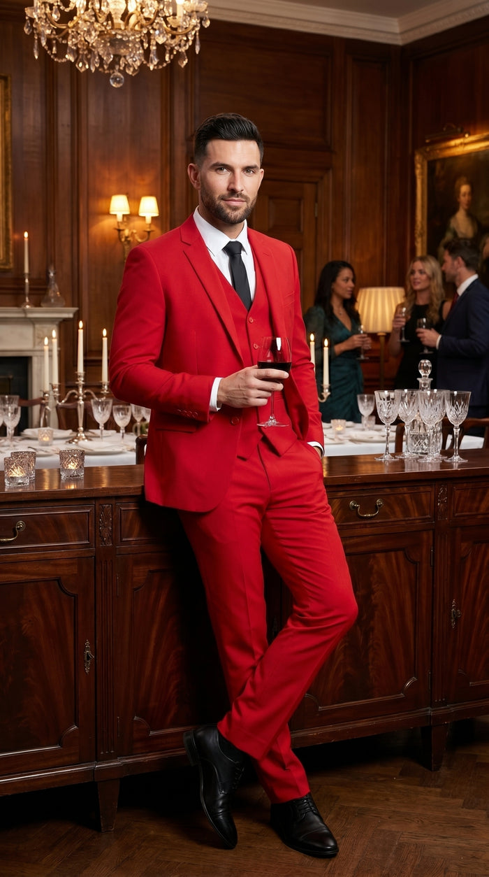 Men’s Red 3 Piece Suit with Jacket, Vest and Pants, Formal Wedding Prom Dress Suit