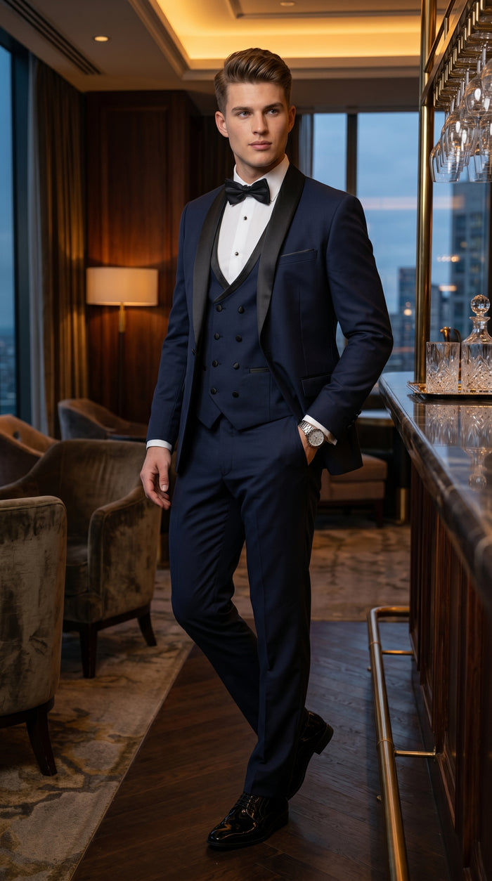 Men’s Navy 100% Wool Vested Tuxedo, Shawl Lapel Wedding Prom Formal Suit Set