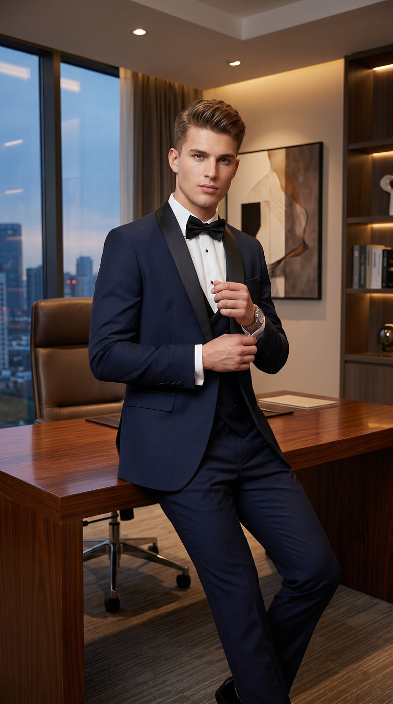 Men’s Navy 100% Wool Vested Tuxedo, Shawl Lapel Wedding Prom Formal Suit Set