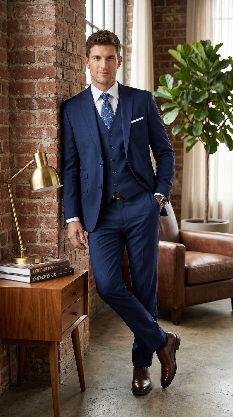 Statement Men’s Solid Sapphire 100% Wool Vested Suit, Formal Wedding Business 3 Piece Suit Set