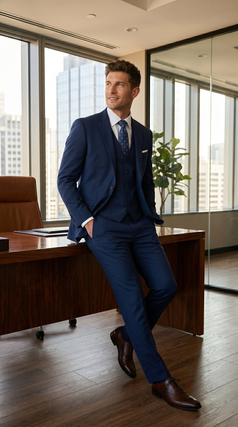 Statement Men’s Solid Sapphire 100% Wool Vested Suit, Formal Wedding Business 3 Piece Suit Set