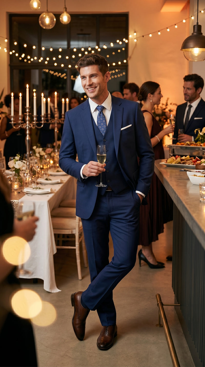 Statement Men’s Solid Sapphire 100% Wool Vested Suit, Formal Wedding Business 3 Piece Suit Set