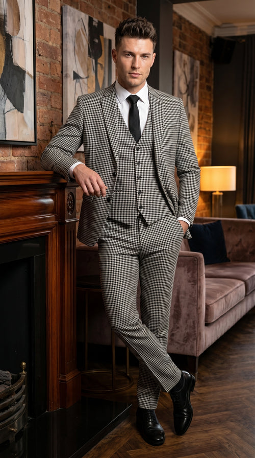 Men’s Black and White Houndstooth Checkered 3 Piece Suit, Gray Checkered Formal Wedding Business Suit Set