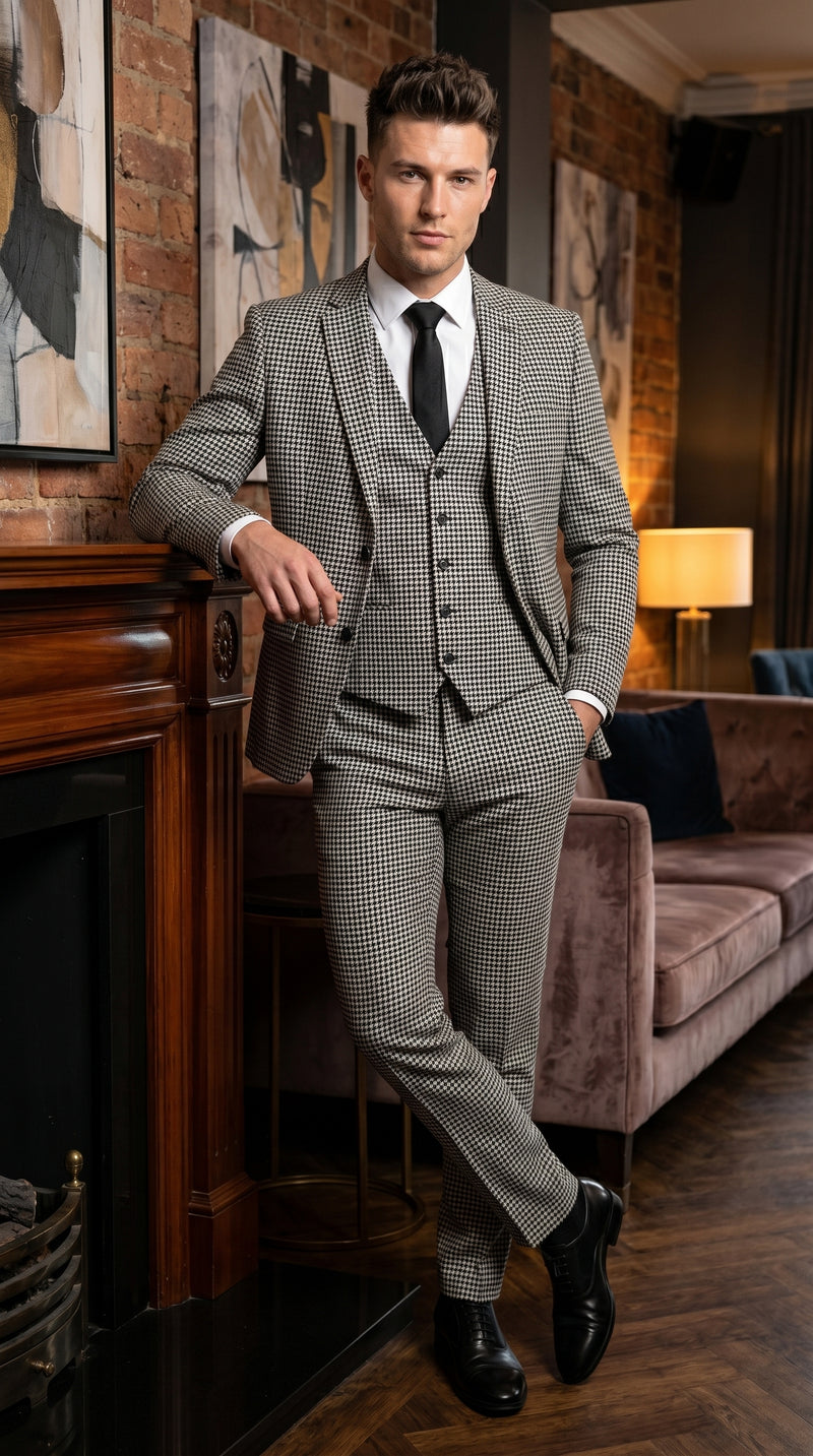Men’s Black and White Houndstooth Checkered 3 Piece Suit, Gray Checkered Formal Wedding Business Suit Set