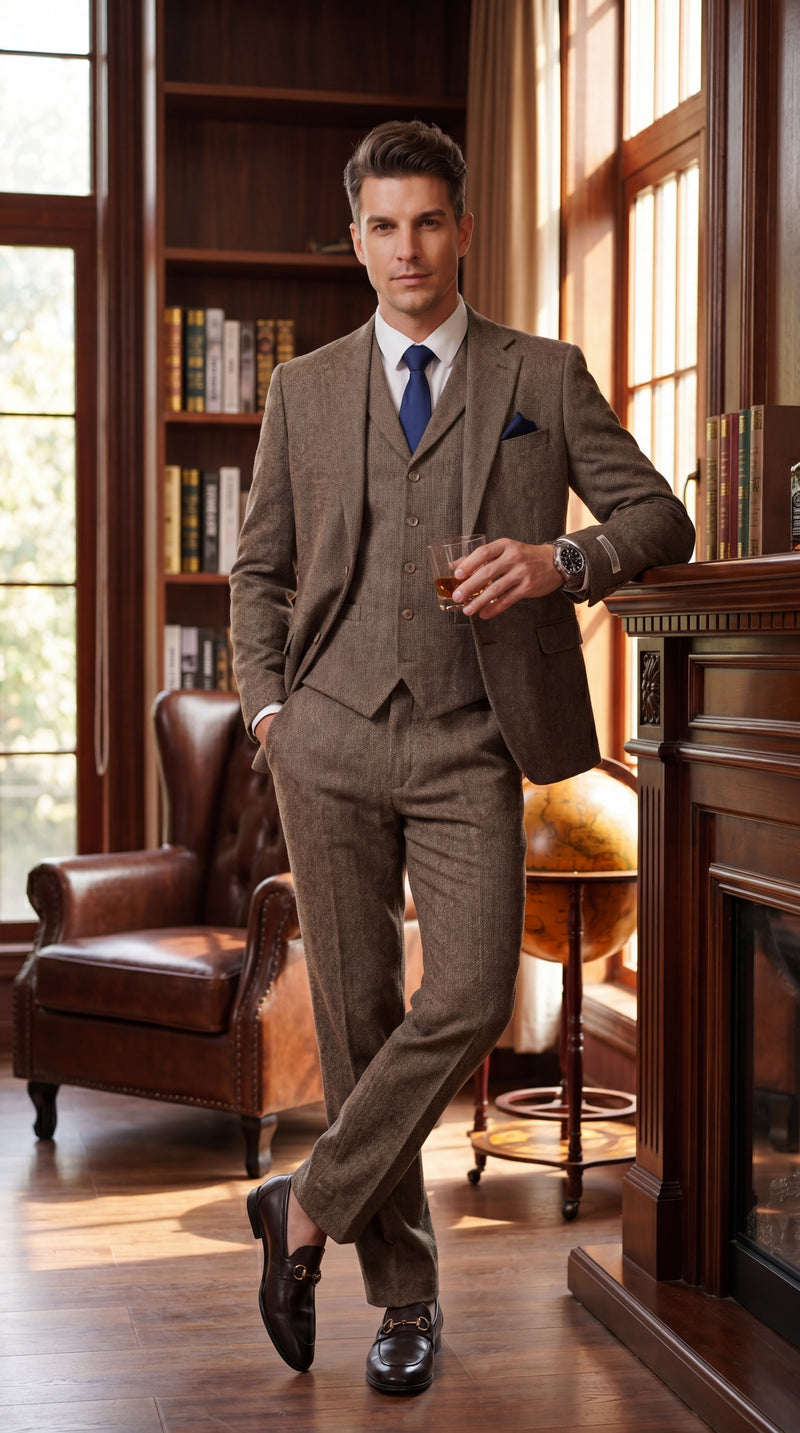 Stacy Adams Men’s Herringbone 3 Piece Hybrid Fit Suit, Formal Wedding Business Suit in Brown and Gray