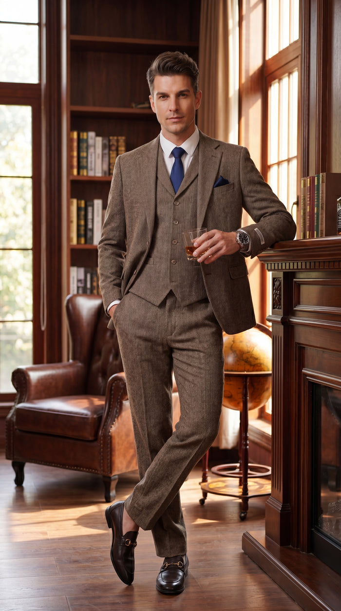 Stacy Adams Men’s Herringbone 3 Piece Hybrid Fit Suit, Formal Wedding Business Suit in Brown and Gray