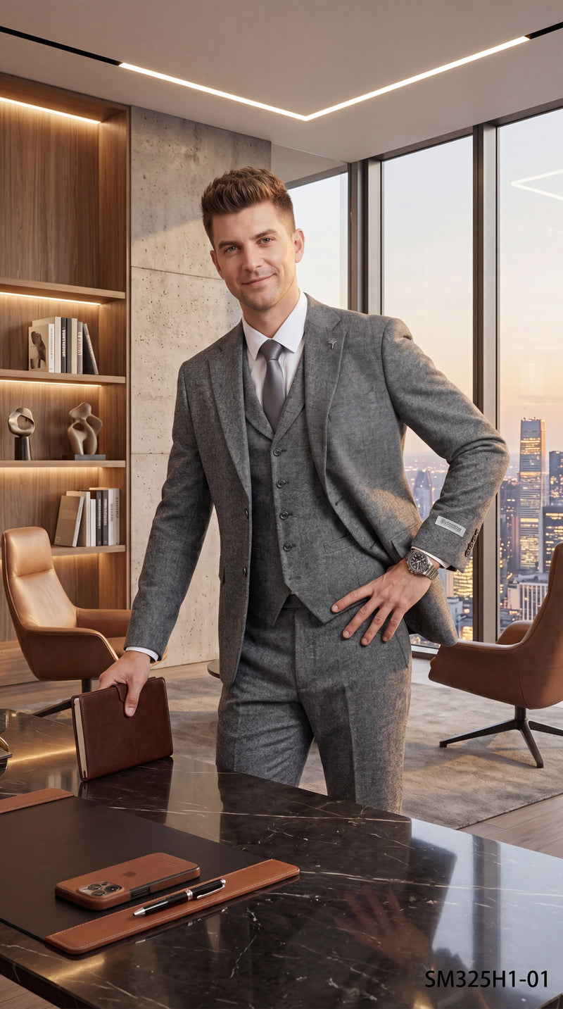 Stacy Adams Men’s Herringbone 3 Piece Hybrid Fit Suit, Formal Wedding Business Suit in Brown and Gray