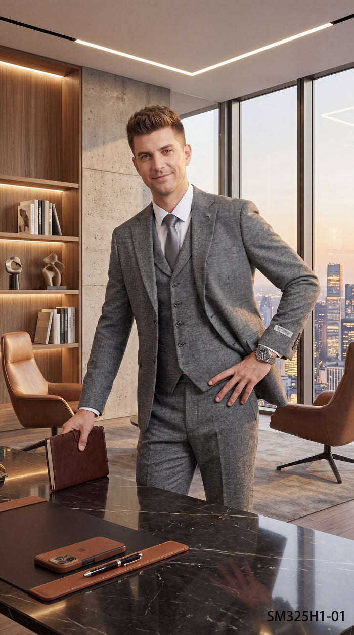 Stacy Adams Men’s Herringbone 3 Piece Hybrid Fit Suit, Formal Wedding Business Suit in Brown and Gray