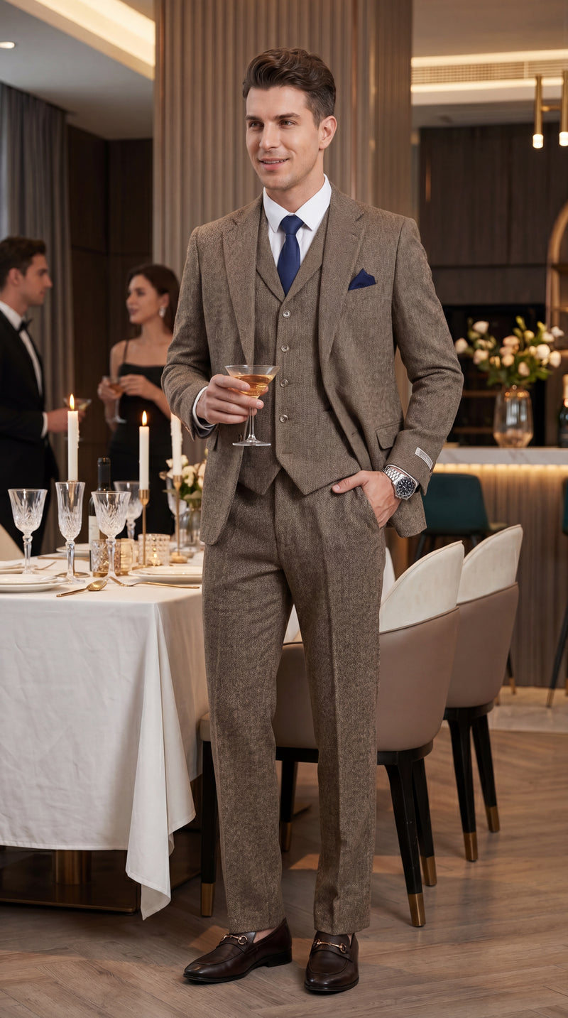 Stacy Adams Men’s Herringbone 3 Piece Hybrid Fit Suit, Formal Wedding Business Suit in Brown and Gray