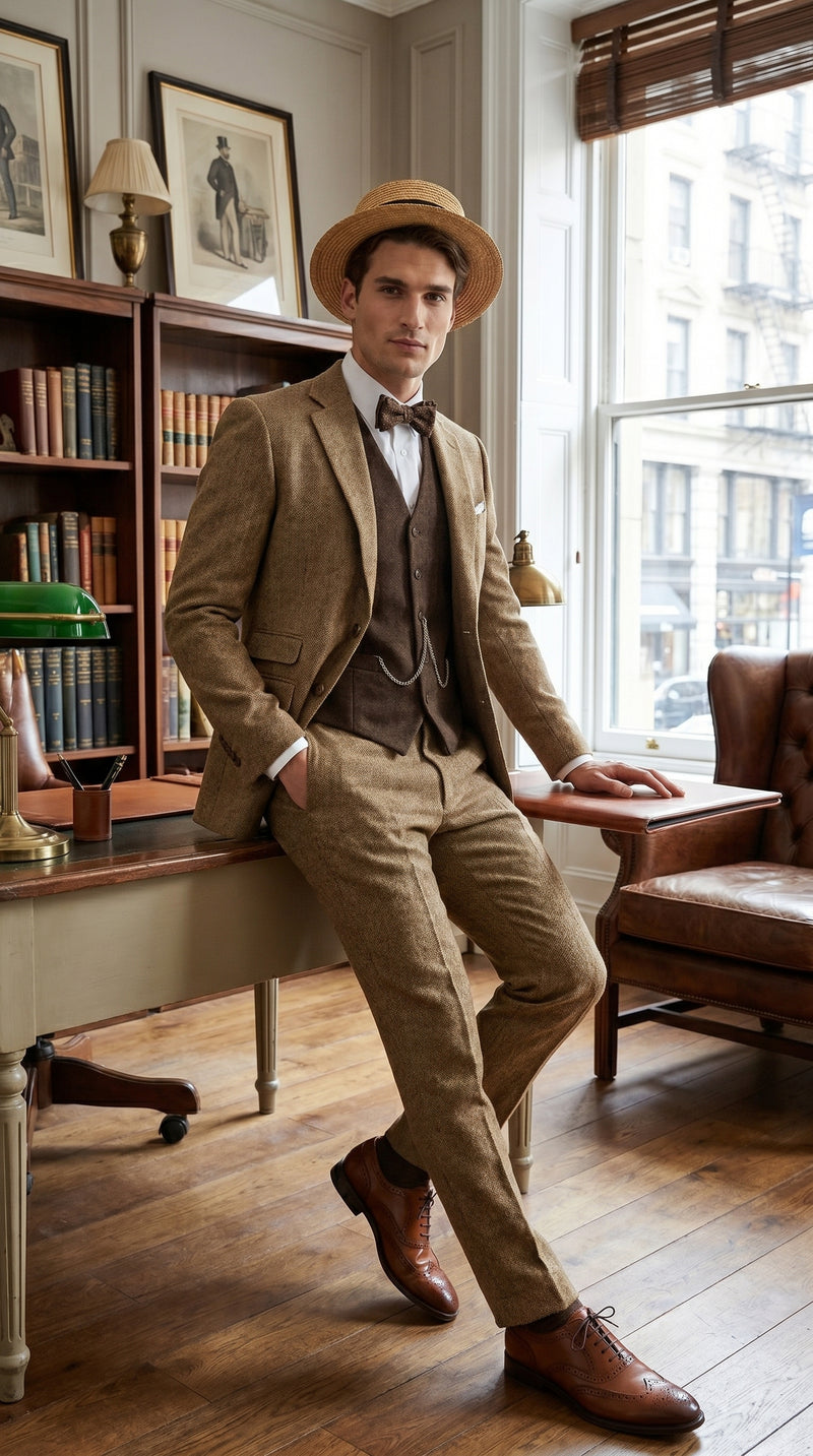 Men’s Camel Pocket Suit with Brown Vest, Vintage Inspired Formal Dress Outfit