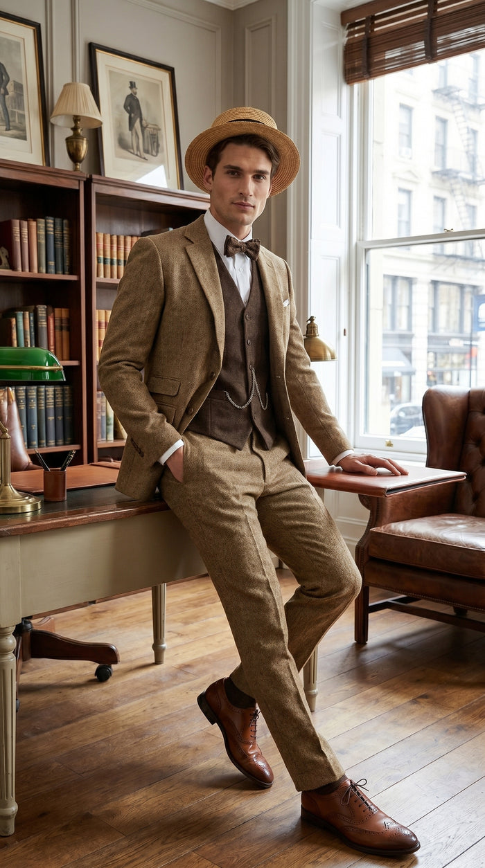 Men’s Camel Pocket Suit with Brown Vest, Vintage Inspired Formal Dress Outfit