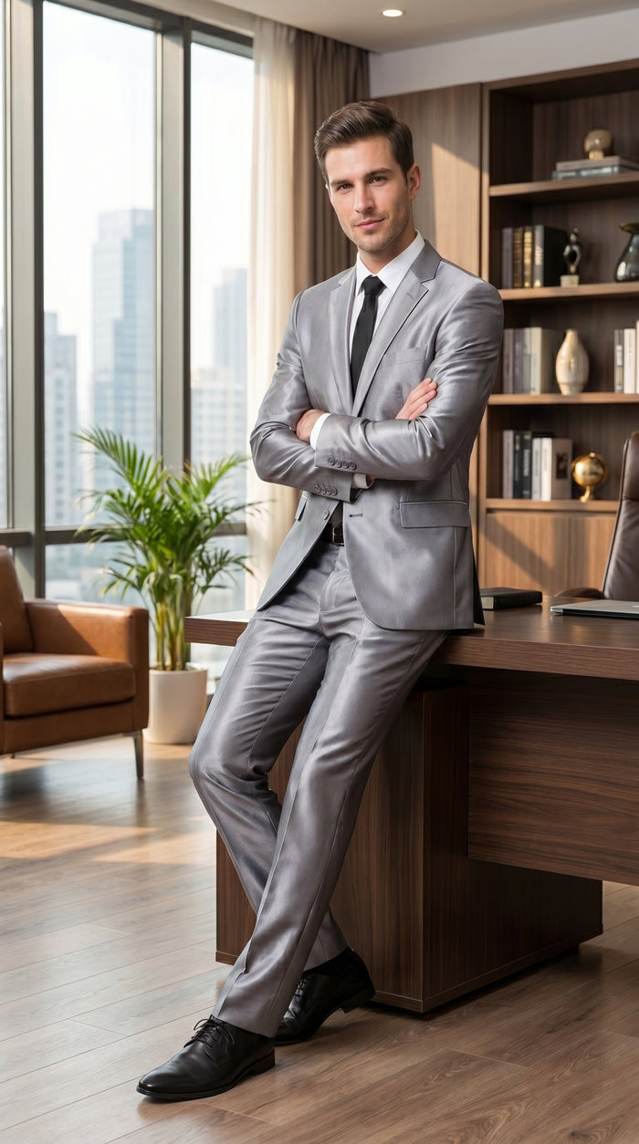 Men’s Silver Sharkskin 2 Piece Suit, Italian Styled Formal Wedding Prom Dress Suit