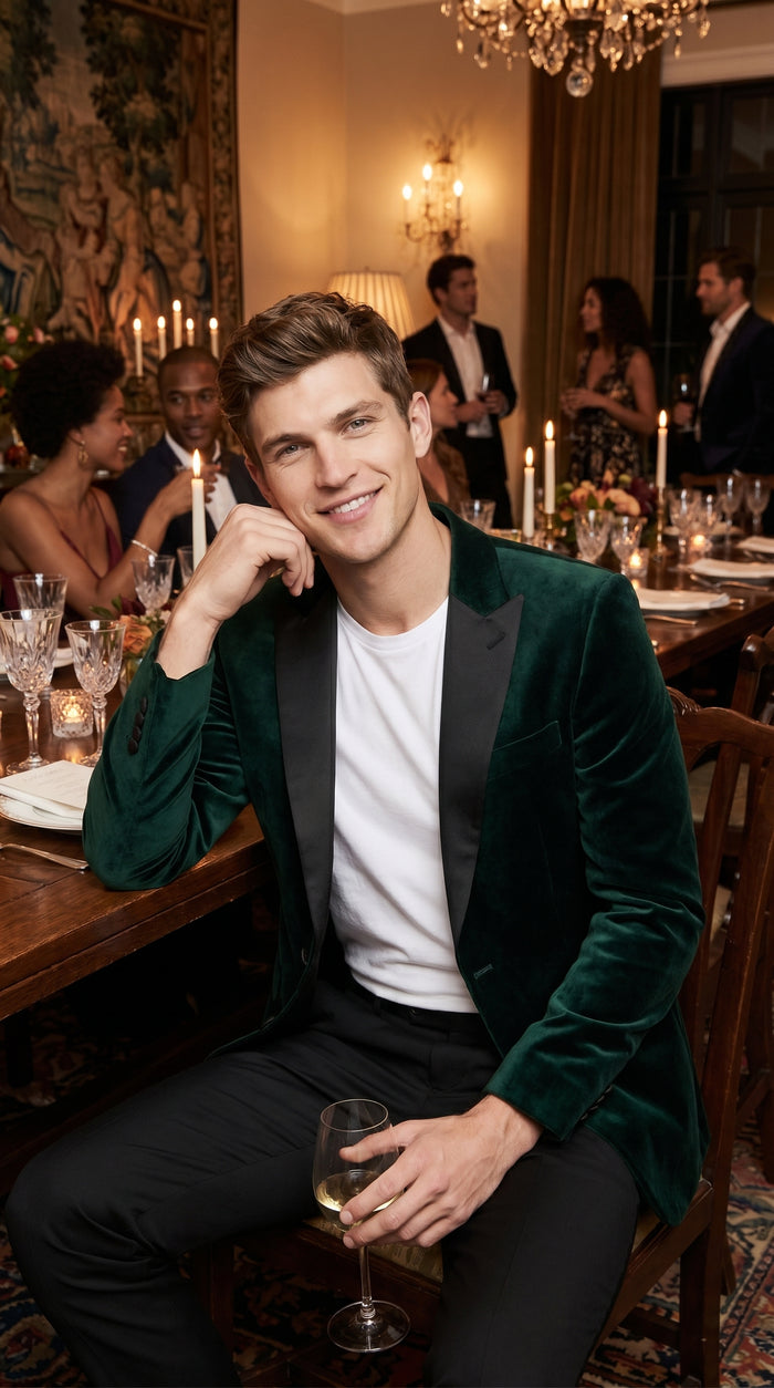 Men’s Olive Hunter Green Velvet Tuxedo Jacket with Black Satin Lapel, Formal Dinner Blazer
