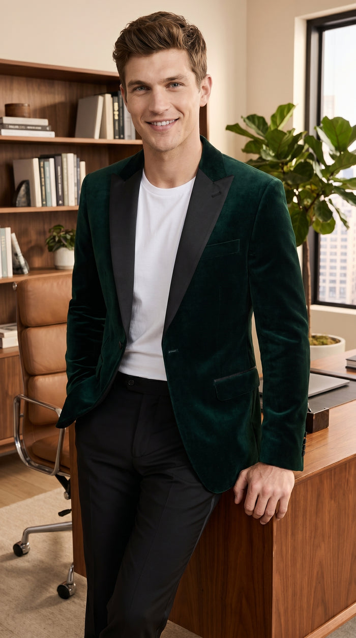 Men’s Olive Hunter Green Velvet Tuxedo Jacket with Black Satin Lapel, Formal Dinner Blazer
