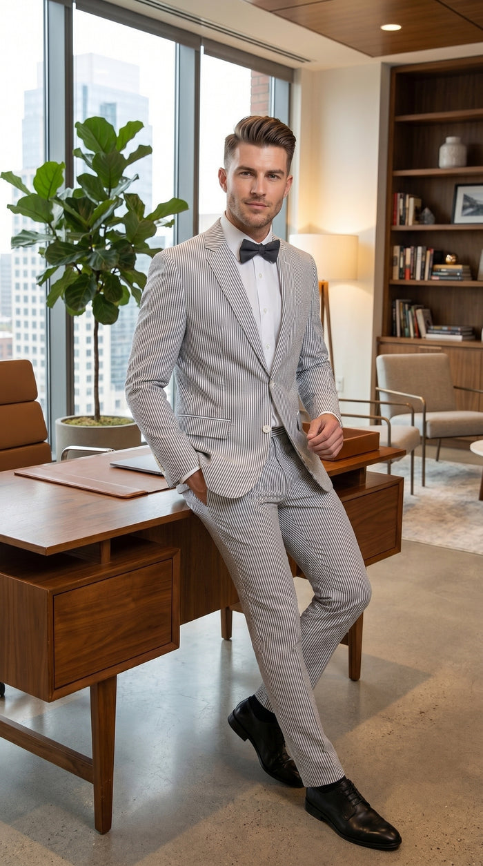 Men’s Gray Seersucker Suit, Lightweight Summer Wedding Prom Dress Suit