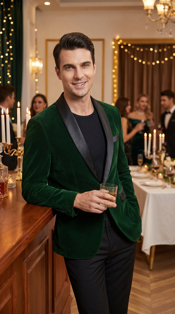 Men’s Emerald Green Velvet Blazer with Black Satin Shawl Lapel, Formal Dinner Jacket