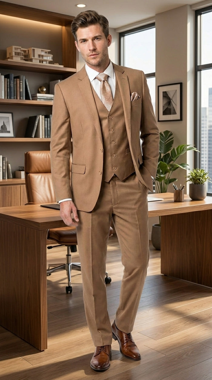 Men’s Caramel 2 Button Modern Fit Vested Wool Suit, Formal Wedding Business Dress Suit