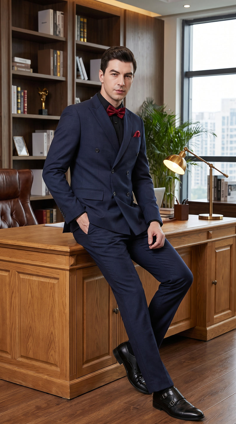 Men’s Navy Ultra Slim Fit Double Breasted Suit with Narrow Leg Pants, Tapered Jacket Formal Suit