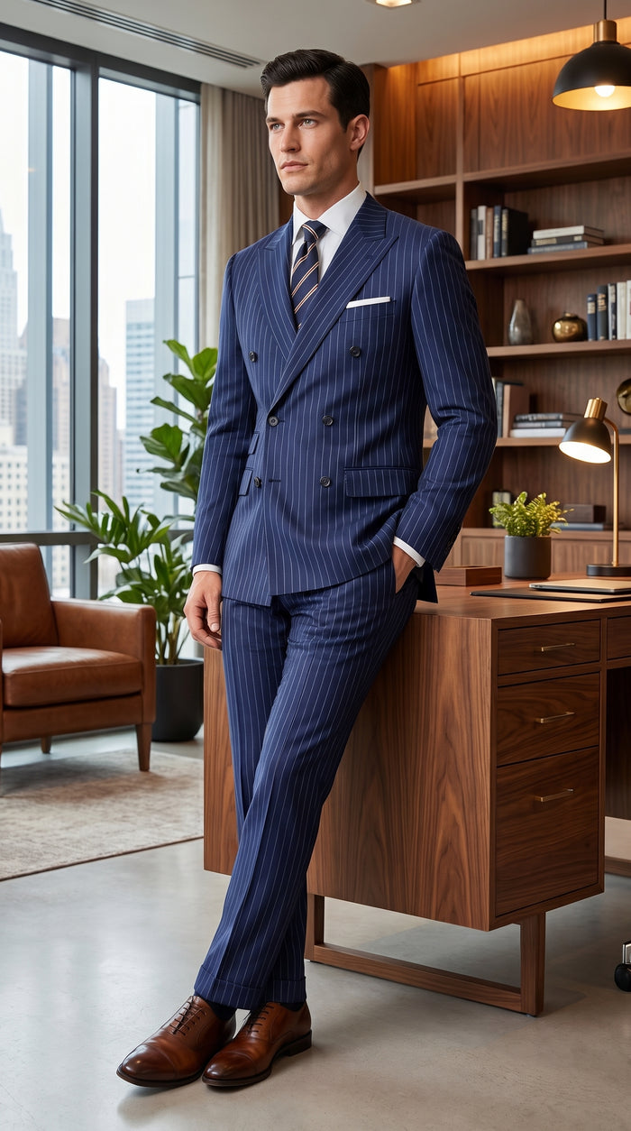 Men’s Navy Blue Double Breasted Pinstripe Suit, 100% Wool Formal Dress Suit