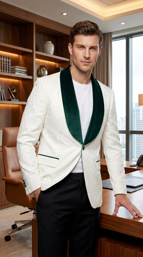 Men’s Ivory and Green Tuxedo Jacket with Velvet Shawl Lapel, Formal Wedding Dinner Blazer