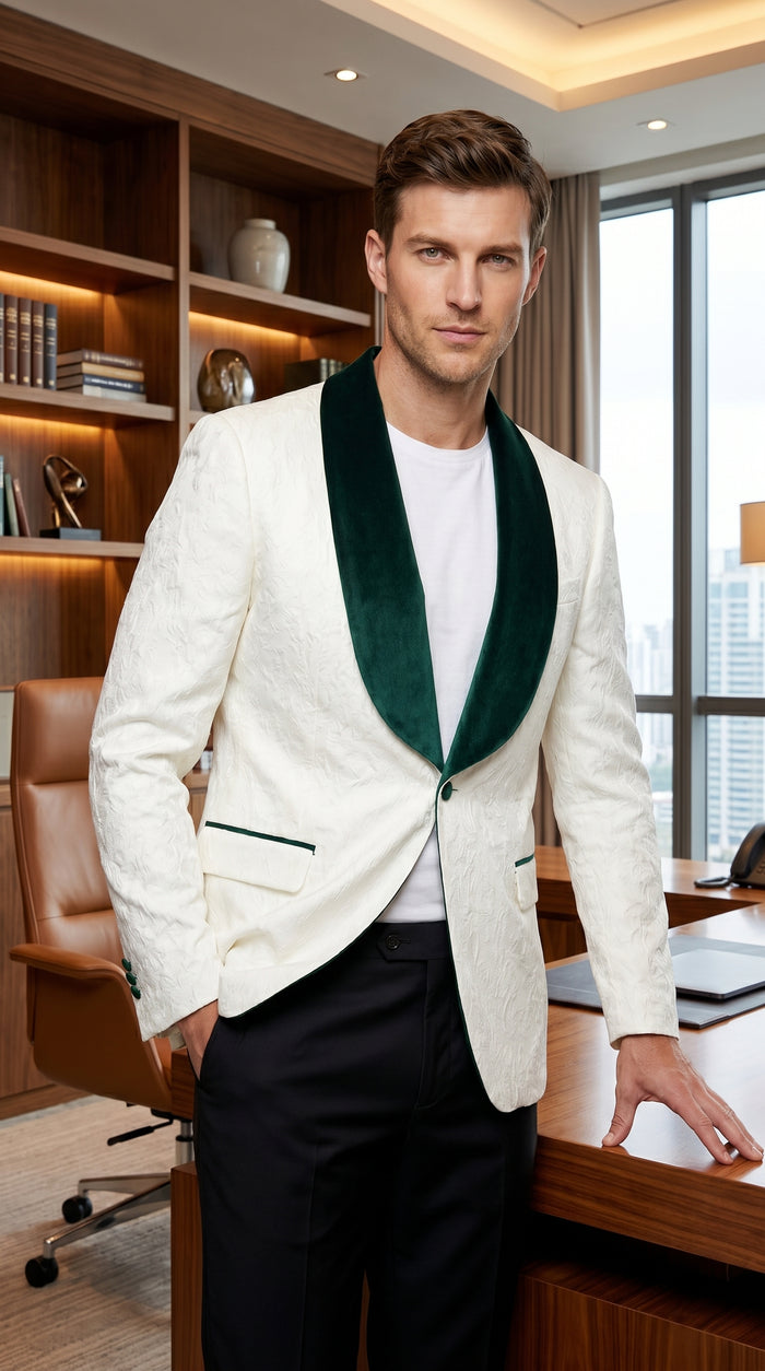 Men’s Ivory and Green Tuxedo Jacket with Velvet Shawl Lapel, Formal Wedding Dinner Blazer