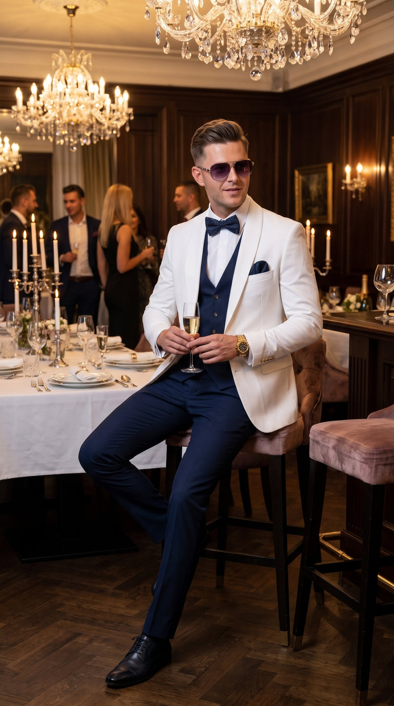 Men’s White and Navy Blue Wedding Suit, White Dinner Jacket with Navy Vest, Pants and Bow Tie