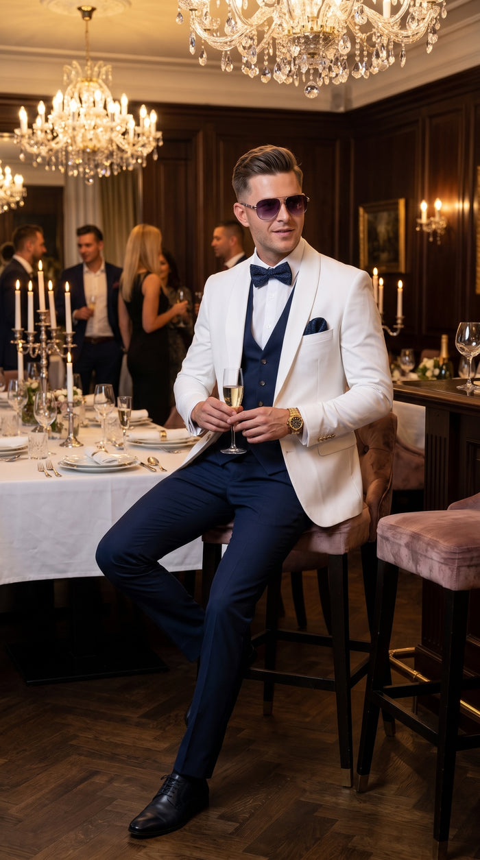 Men’s White and Navy Blue Wedding Suit, White Dinner Jacket with Navy Vest, Pants and Bow Tie