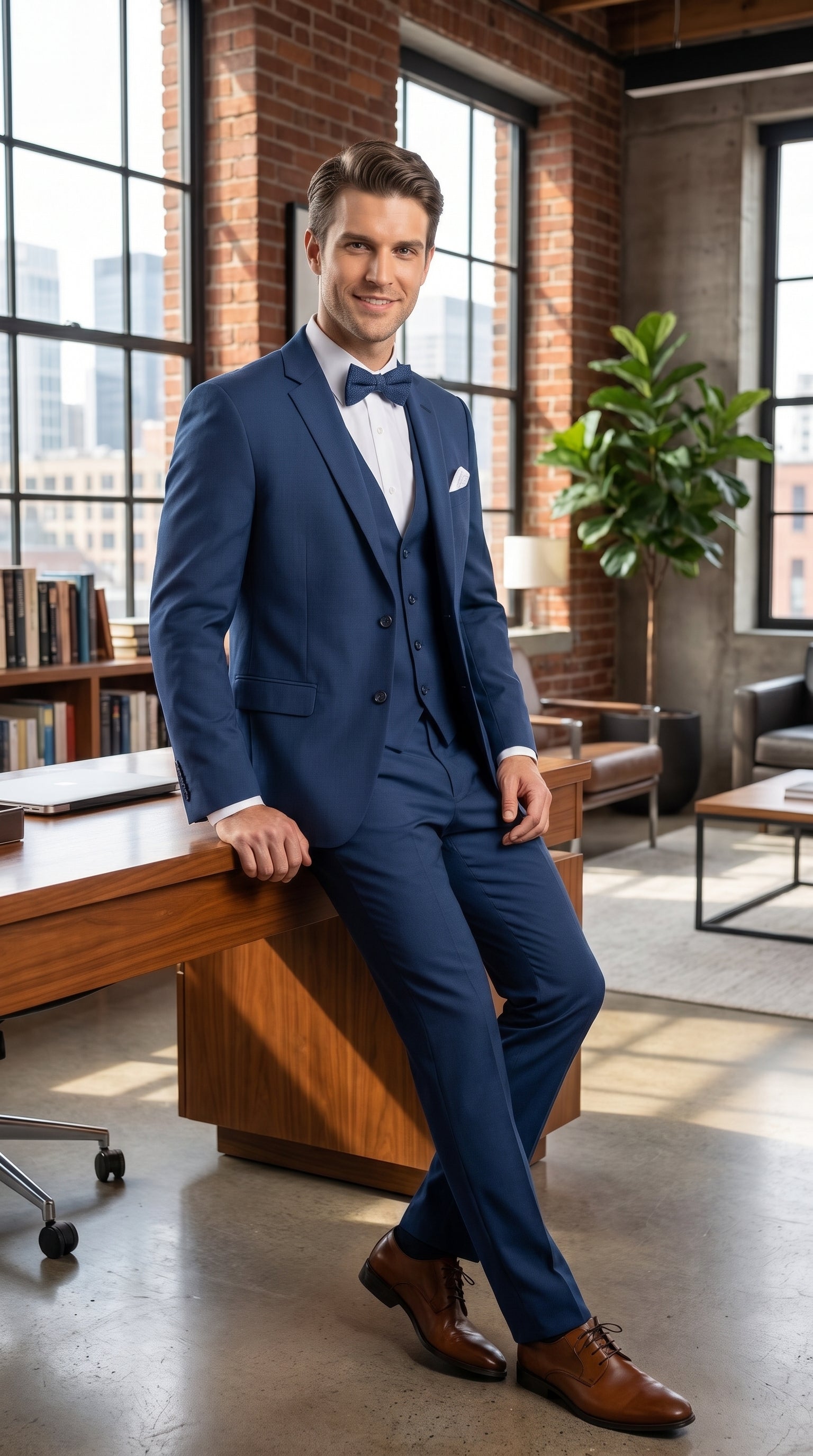 Men’s French Blue Tuxedo Suit with Matching Vest, Bow Tie and Satin Collar