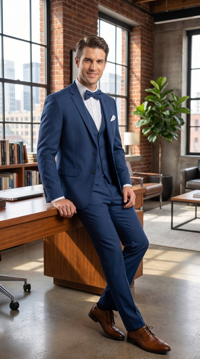 Men’s French Blue Tuxedo Suit with Matching Vest, Bow Tie and Satin Collar