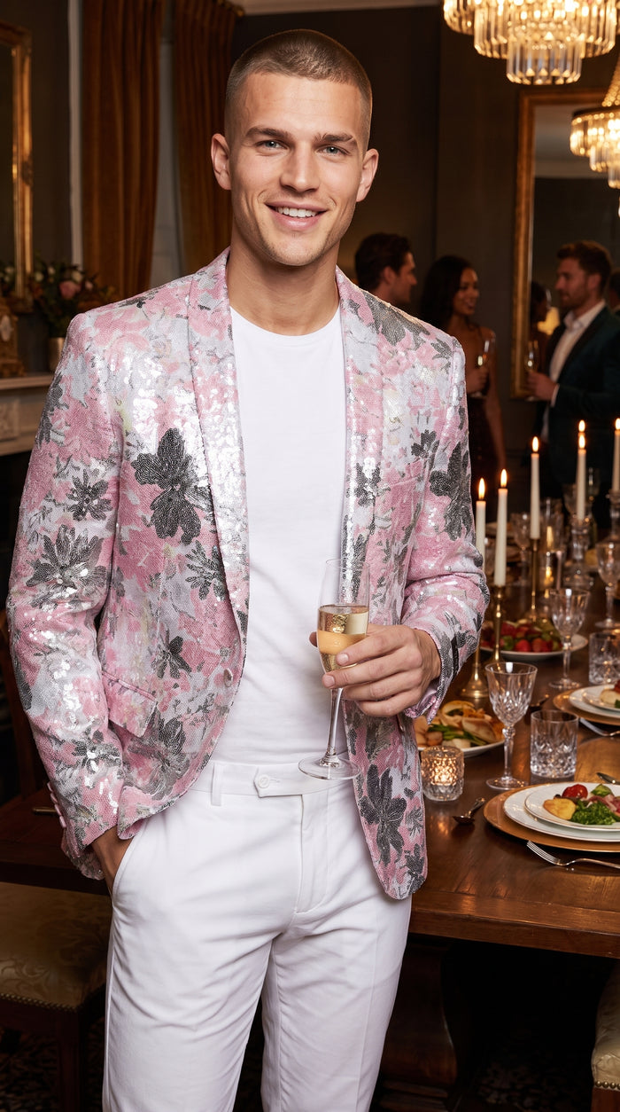 Men’s Pink Paisley Shawl Lapel Prom Tuxedo Jacket – Floral Formal Dinner Jacket for Prom