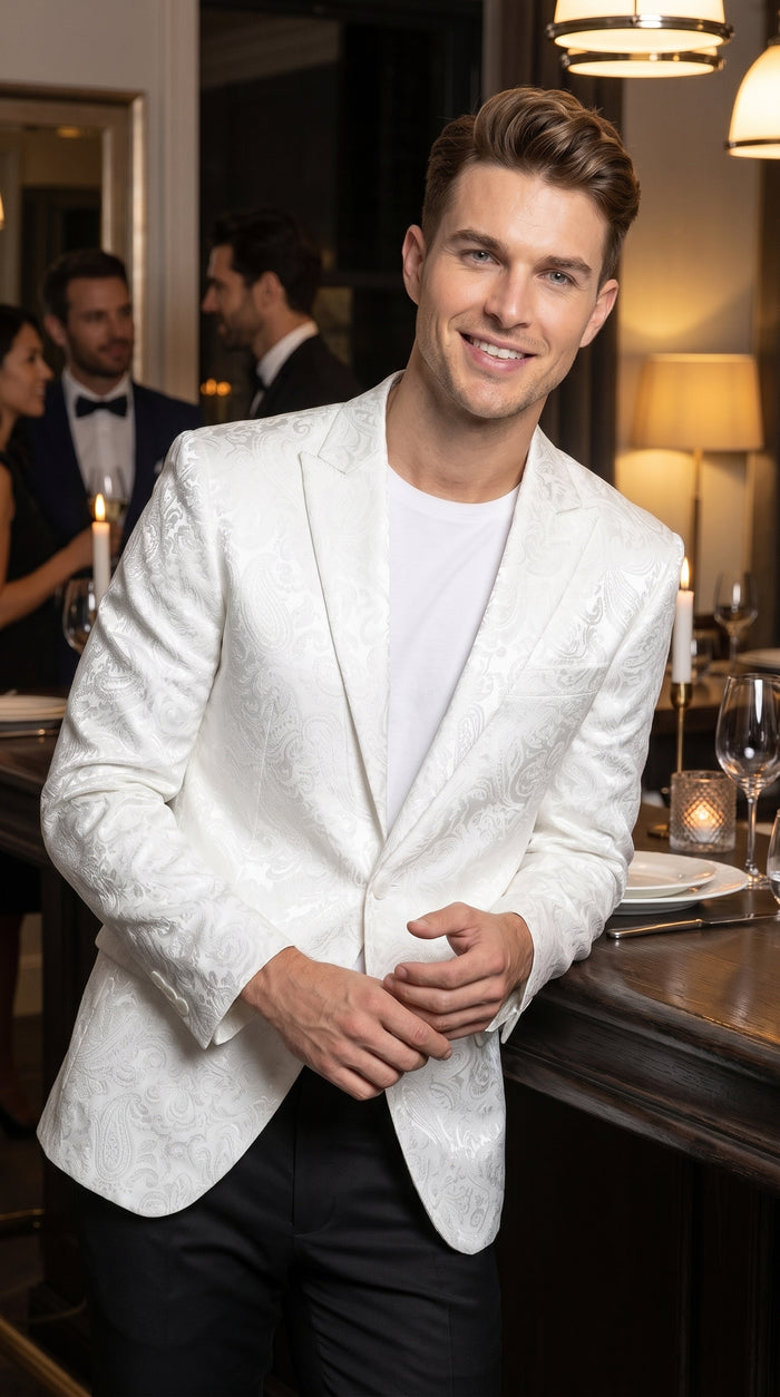 Men’s White Paisley Blazer, Formal Dinner Jacket for Wedding Prom and Special Events