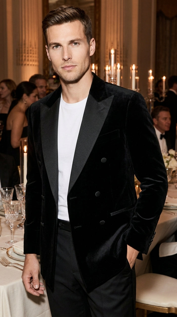 Men’s Black Velvet Double Breasted Blazer with Satin Peak Lapel, Formal Tuxedo Dinner Jacket
