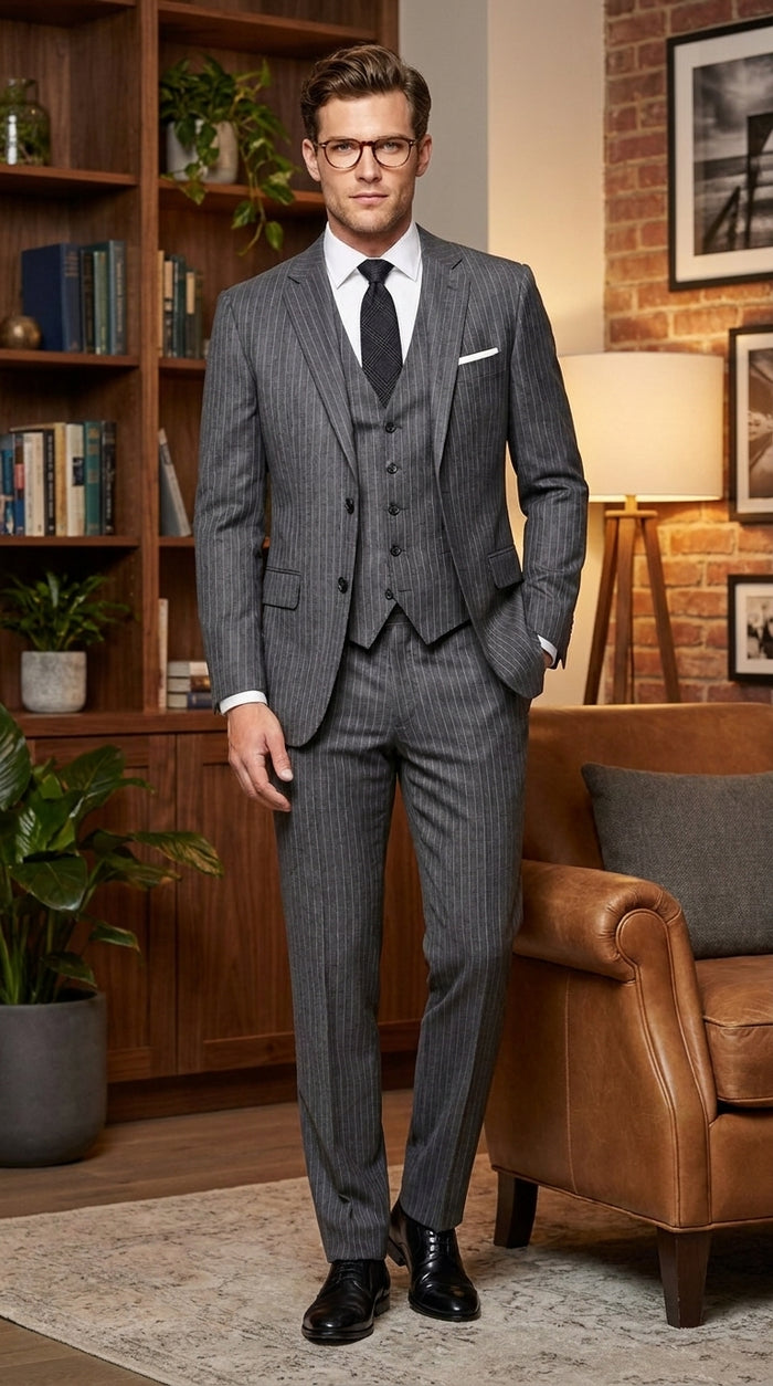 Men’s Charcoal Grey Pinstripe 2 Button Vested Wool Suit, Modern Fit Formal Business Dress Suit
