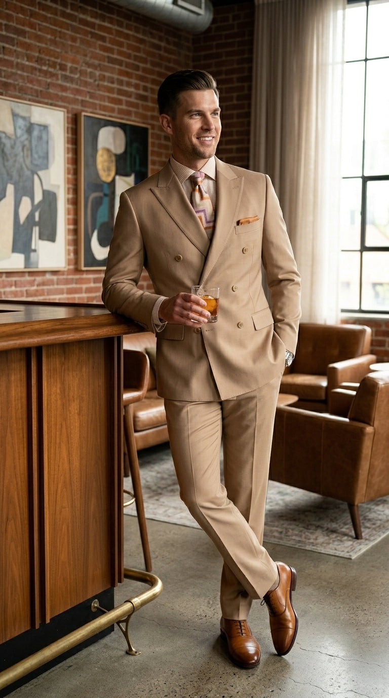 Men’s Camel Double Breasted Wool Feel Suit, Classic Luxury Formal Wedding Business Dress Suit
