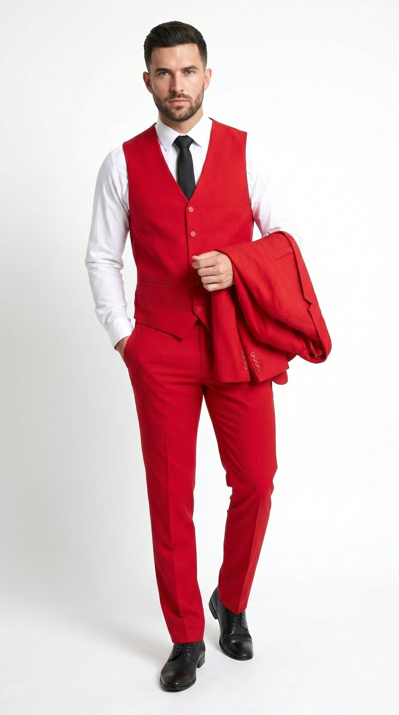 Men’s Red 3 Piece Suit with Jacket, Vest and Pants, Formal Wedding Prom Dress Suit