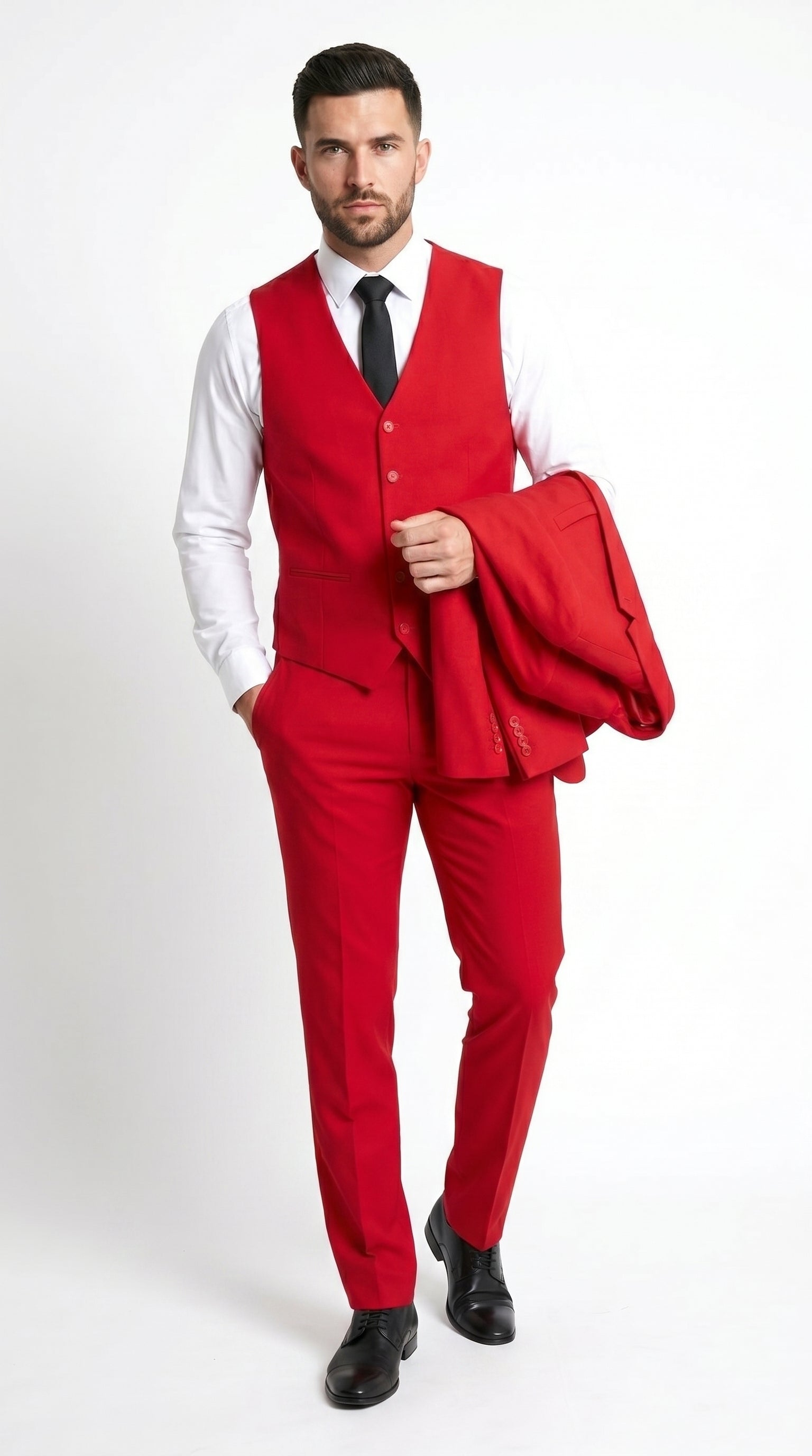 Men’s Red 3 Piece Suit with Jacket, Vest and Pants, Formal Wedding Prom Dress Suit