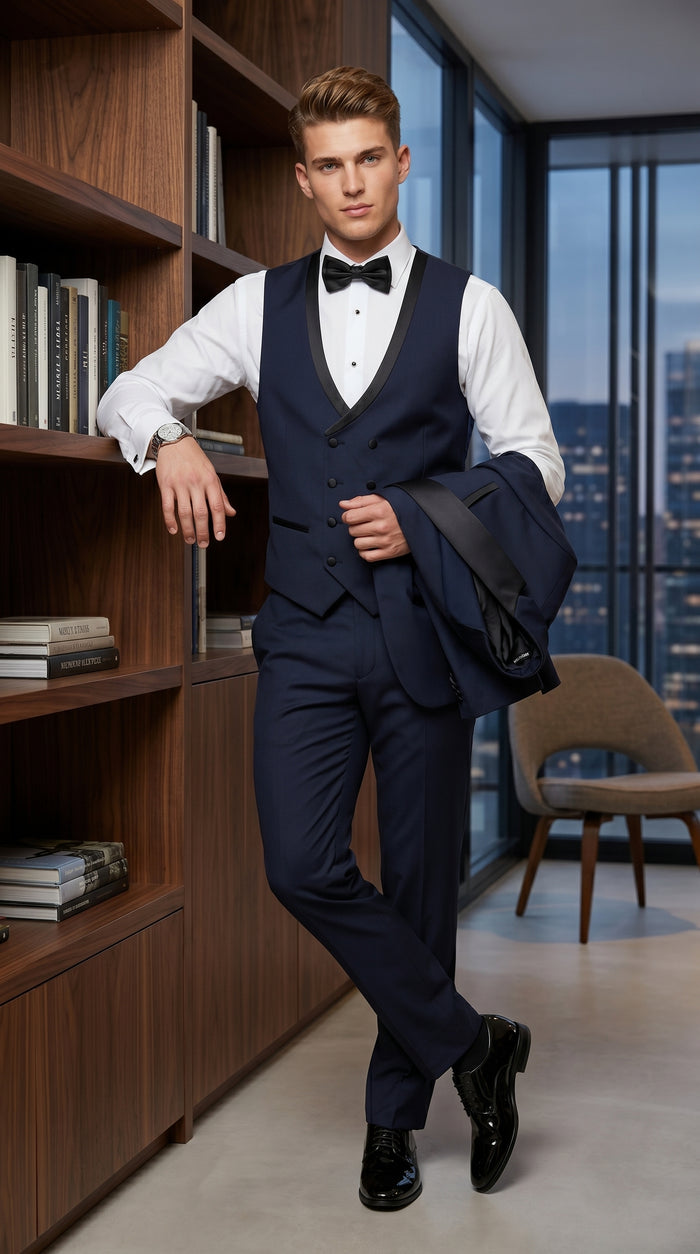 Men’s Navy 100% Wool Vested Tuxedo, Shawl Lapel Wedding Prom Formal Suit Set
