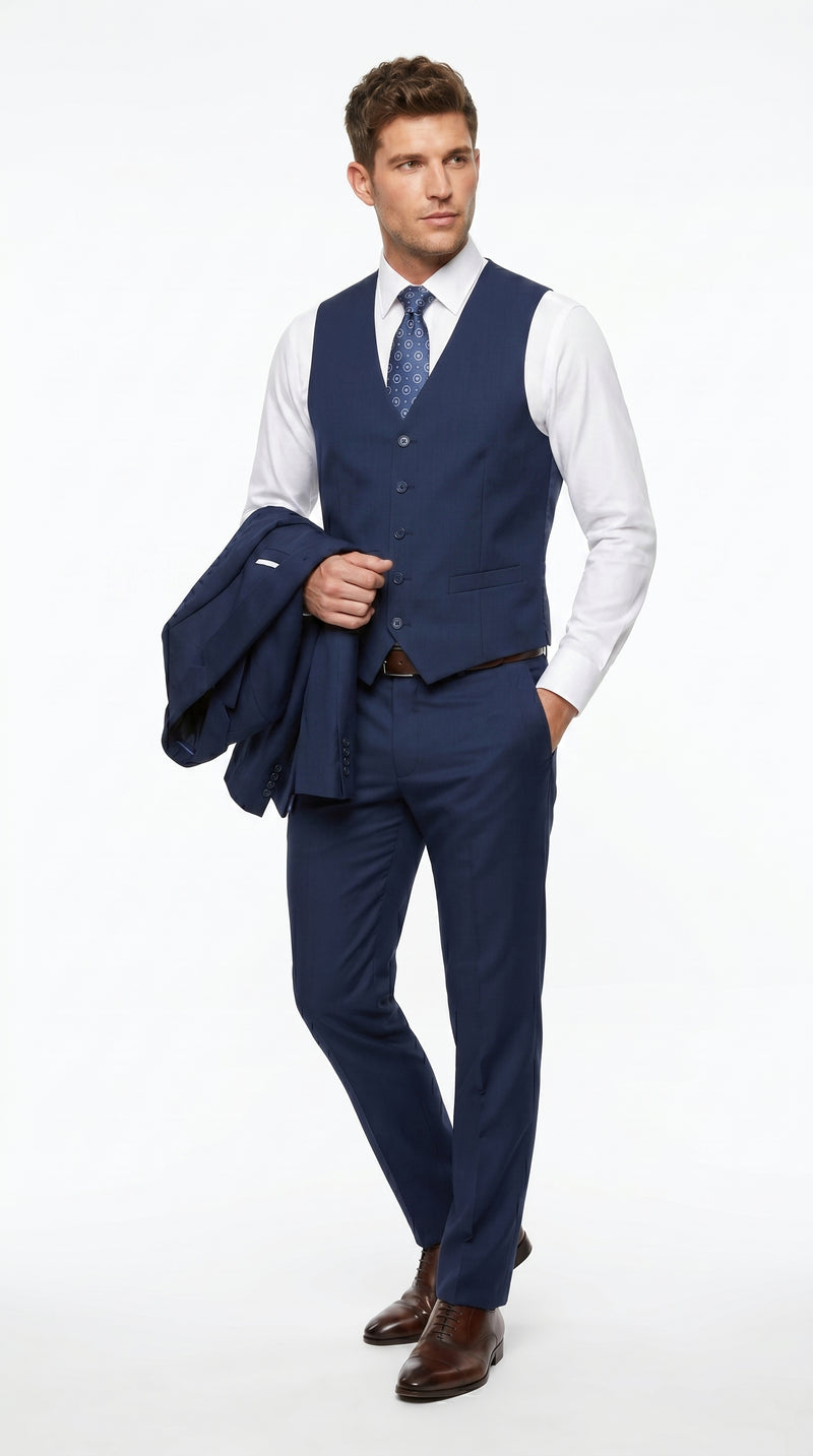 Statement Men’s Solid Sapphire 100% Wool Vested Suit, Formal Wedding Business 3 Piece Suit Set