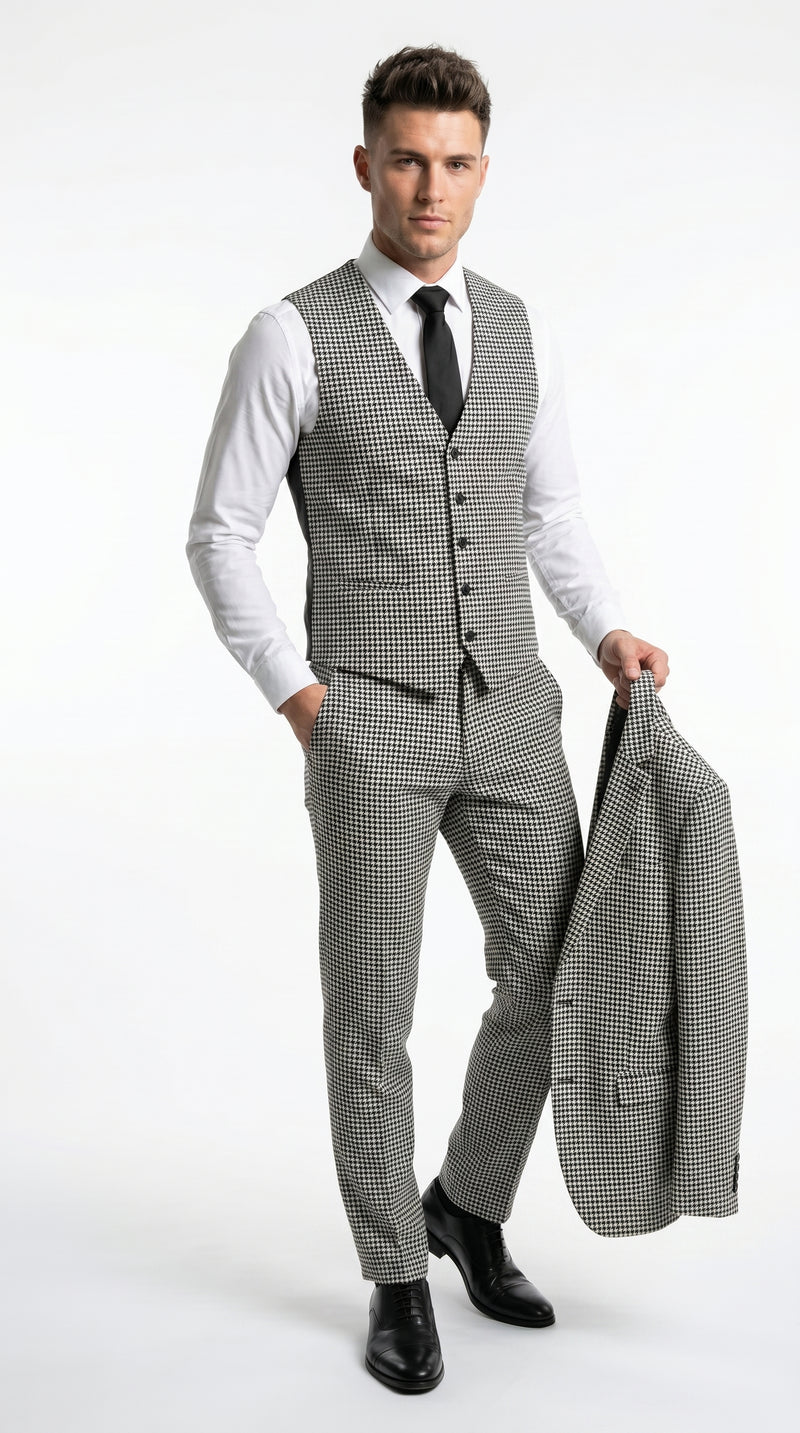 Men’s Black and White Houndstooth Checkered 3 Piece Suit, Gray Checkered Formal Wedding Business Suit Set